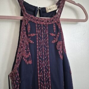 Navy and Red Embroidered Halter Top